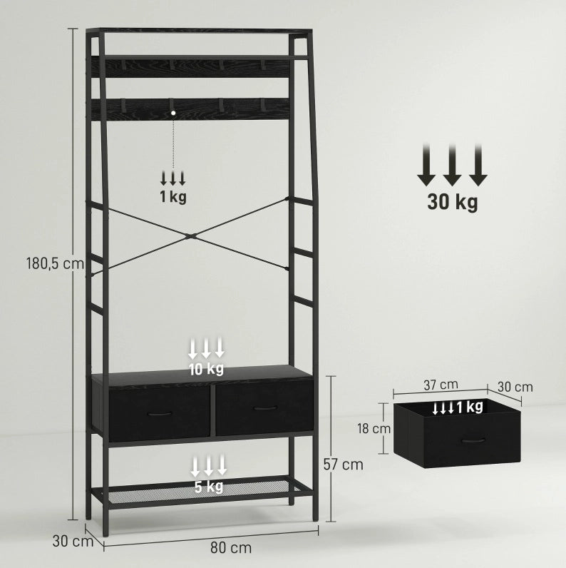 Appendiabiti da ingresso con scarpiera; 8 ganci; 2 cassetti in tessuto; nero; 80x30x180;5 cm