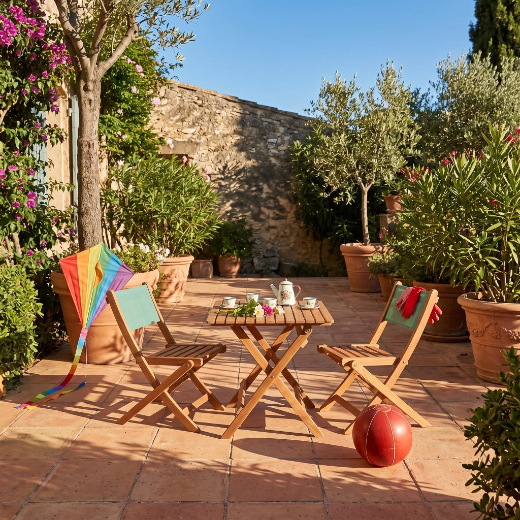 Set tavolo da giardino bistrot per bambini in legno di acacia con 2