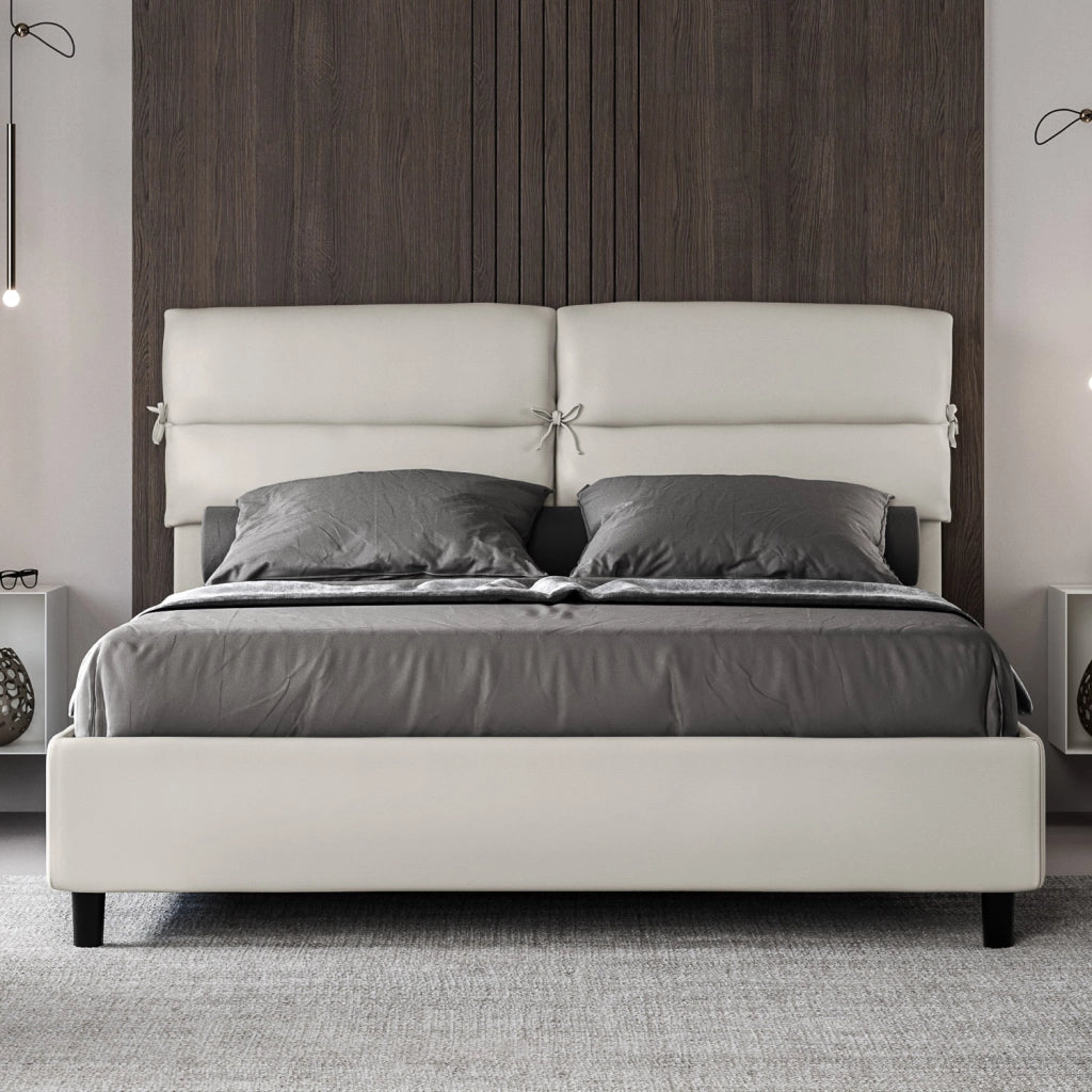 Letto Matrimoniale 160x200 cm con Rete e Contenitore con Testata e Alzata Comoda Imbottito in Similpelle Nandy Bianco
