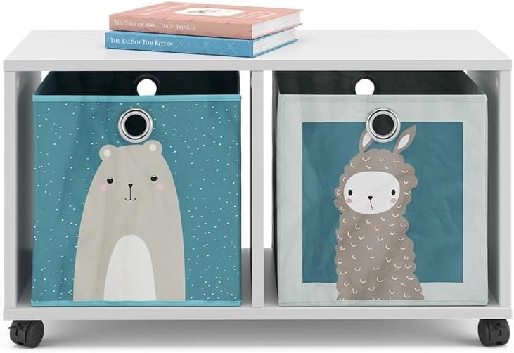 Libreria bambini, Bianco, 72 x 42.4 cm con 2 scatole pieghevoli, su ruote con due ripiani aperti