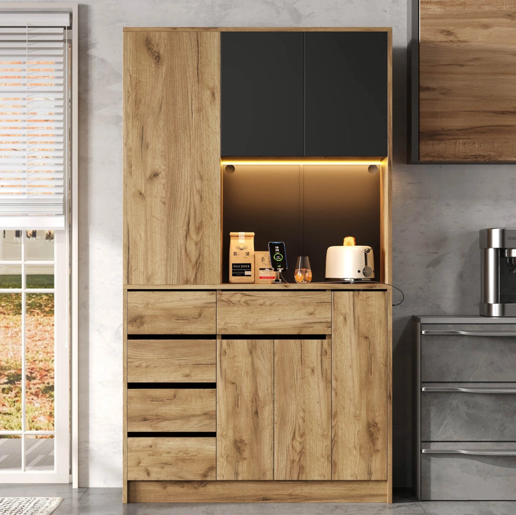 Credenza da cucina 185 x 105 x 40 cm in MDF; nero e naturale; con LED e prese