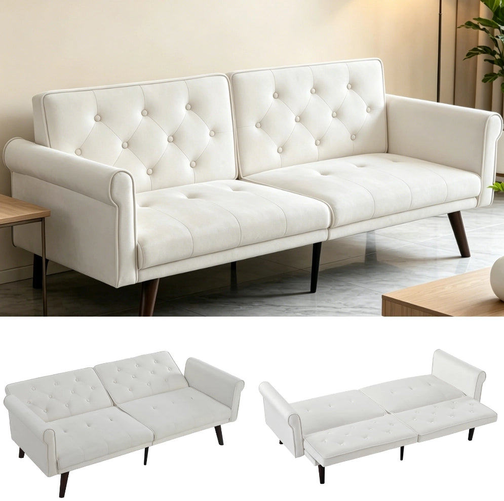 Divano letto 2 posti beige in velluto con schienali regolabili