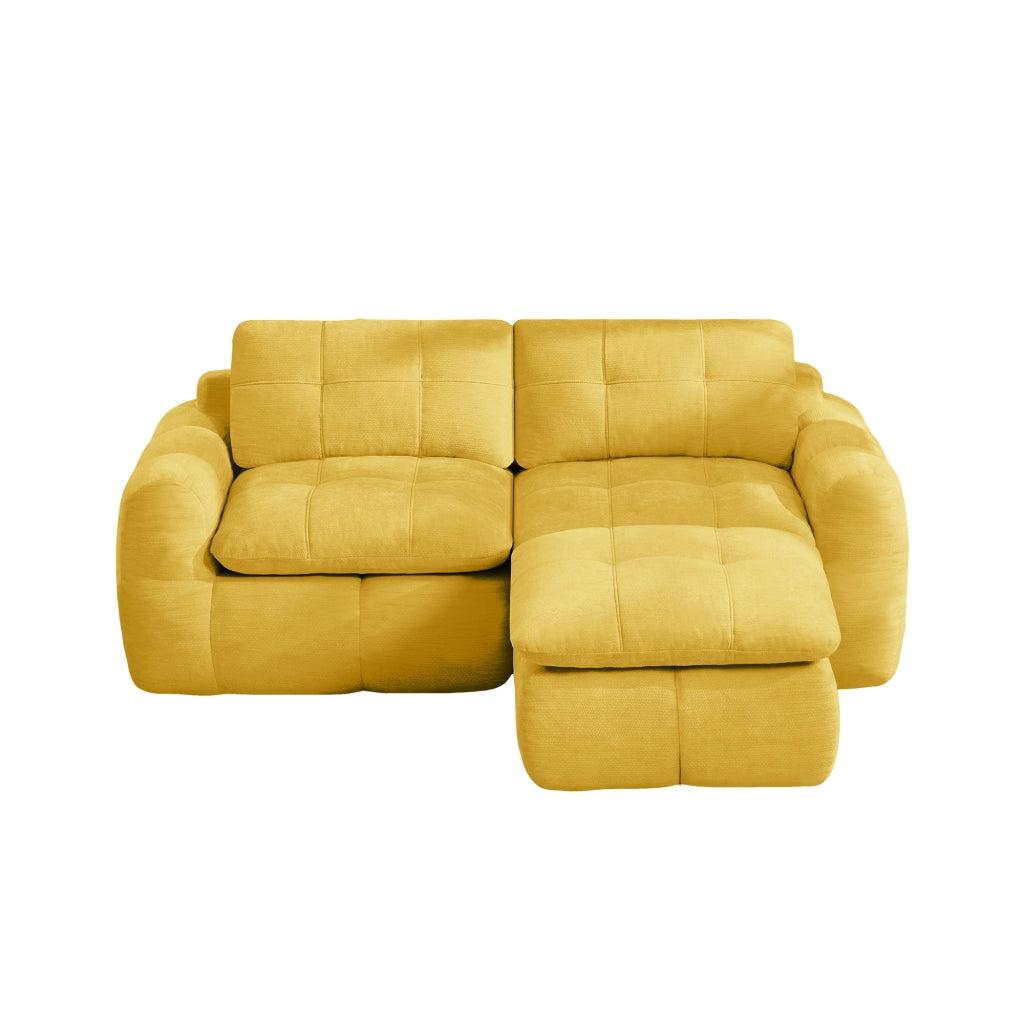 Divano modulare angolare 2 posti con pouf e design trapuntato in chenille giallo 194×160×68 cm
