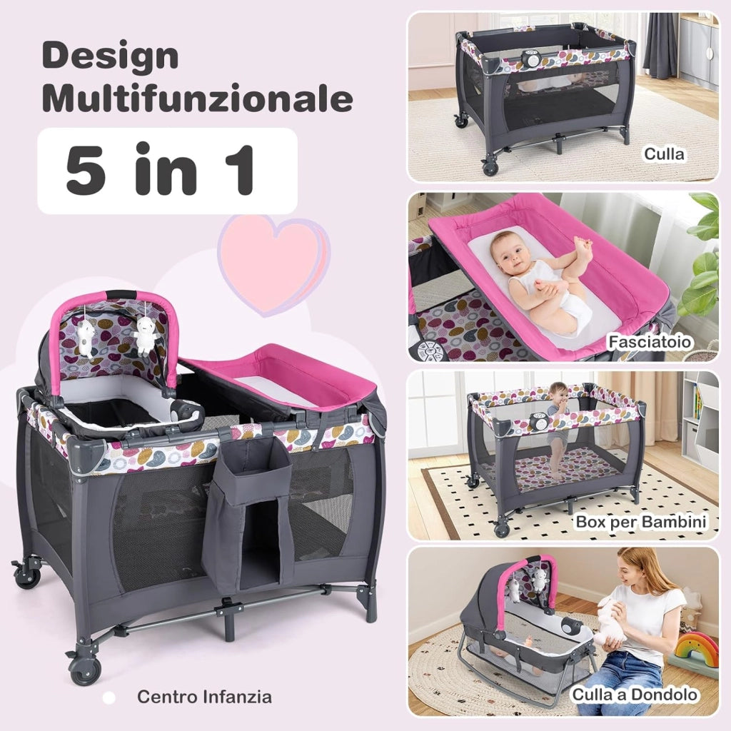 5 in 1 Culla Campeggio Bambini, Lettino Viaggio Neonati Pieghevole con Materasso, Fasciatoio, Box Portatile con Ruote, 2 Giocattoli e Carillon, per Bambini 0-3 Anni (Rosa Scuro)