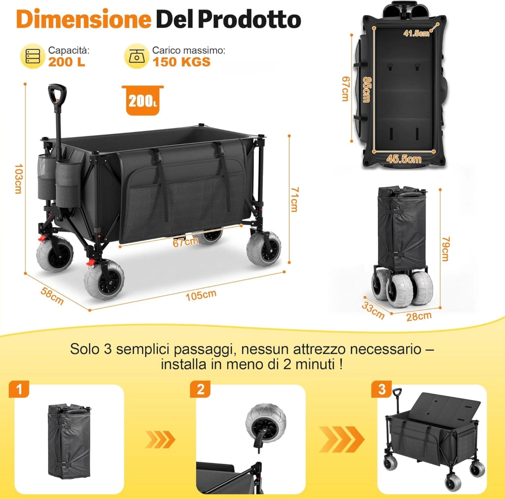 Carrello da Spiaggia Pieghevole 200L 150KG, Carrello Spiaggia per Tutti i Terreni con Ruote PU Extra Larghe 21.5x10cm, Carretto Pieghevole Maniglia Regolabile 90° per Spiaggia, Campeggio,Grigio