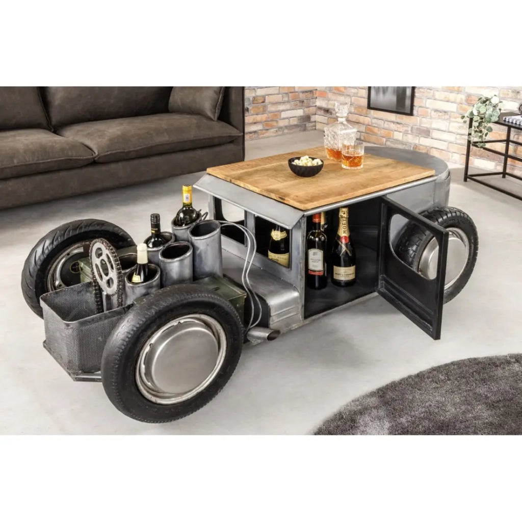 Tavolino CARROAD 165 cm in acciaio e legno di mango stile auto d'epoca