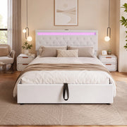 LETTO Imbottito Contenitore 140x200 cm in Lino Bianco con LED, USB e USB-C