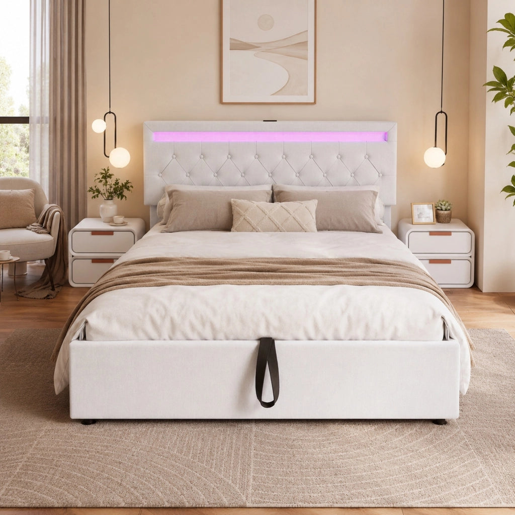LETTO Imbottito Contenitore 140x200 cm in Lino Bianco con LED, USB e USB-C