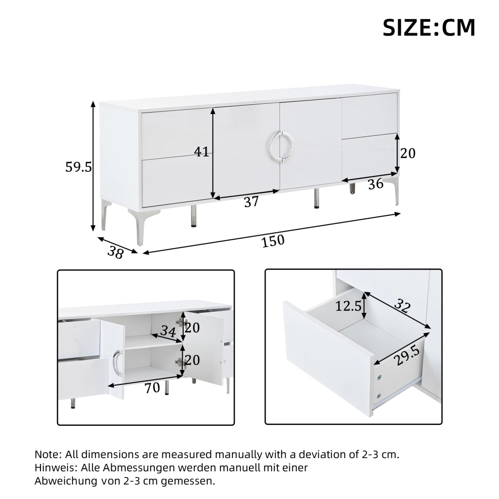 Sideboard 150 ¡Á 38 ¡Á 59,5 cm, bianco lucido, con 4 cassetti e 2 ante, struttura in MDF e piedi in metallo