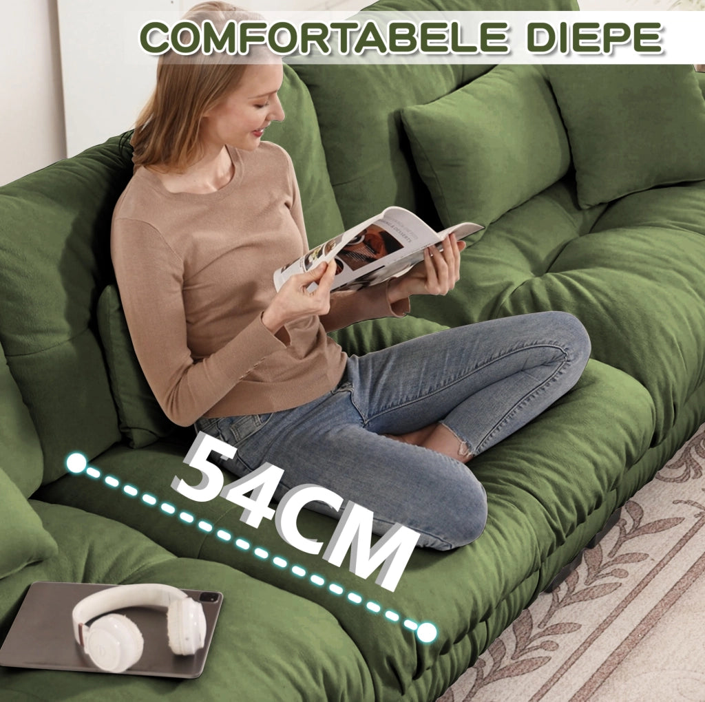 Divano angolare modulare 4 posti in tessuto Chenille verde con pouf mobili
