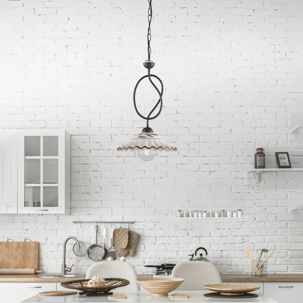Lampadario in ferro laccato nero e decorazione effetto ruggine con diffusore in ceramica diametro 30 bianco e marrone 1 luce