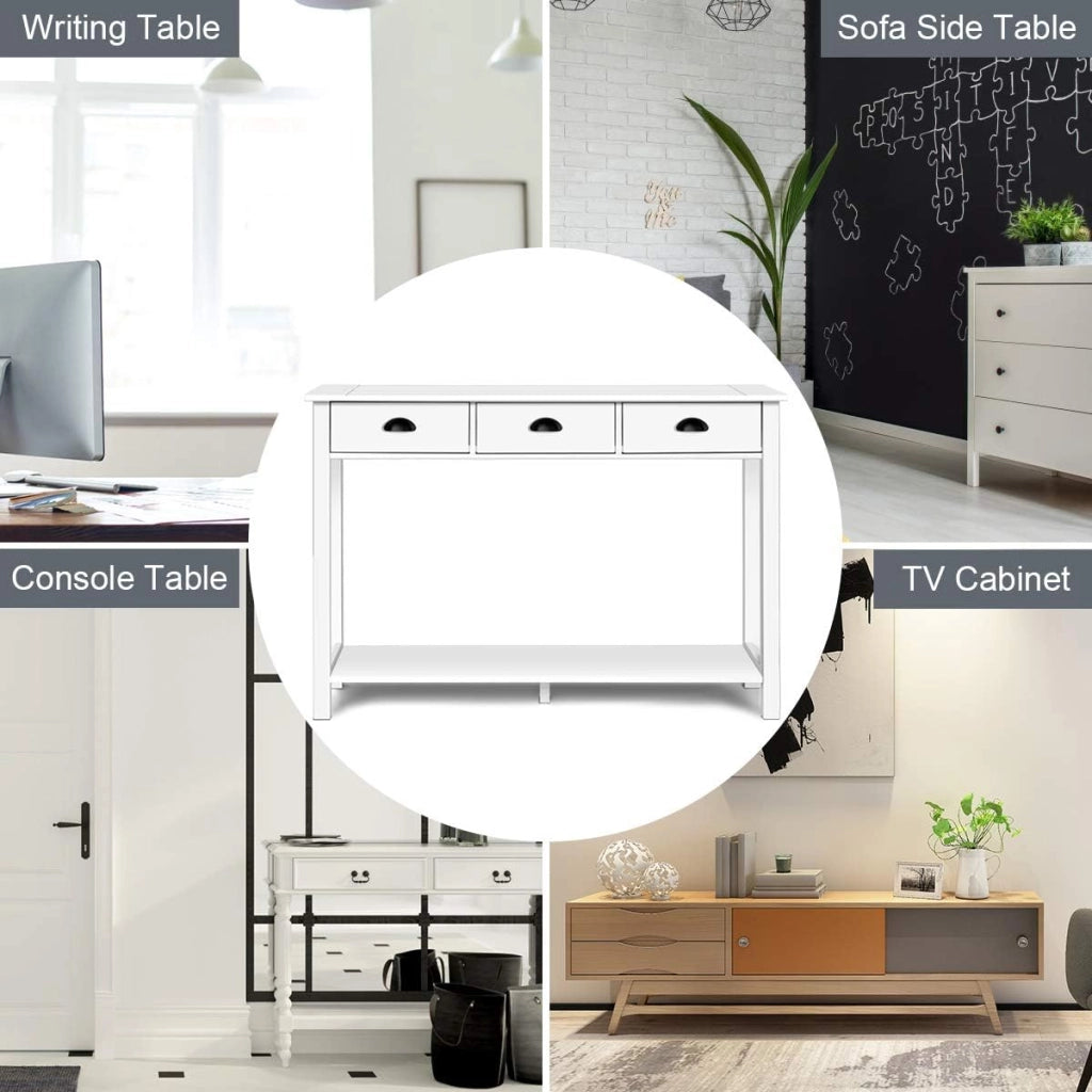 - Tavolo consolle con 3 cassetti, tavolino da salotto con mensola, rettangolare, per soggiorno, ufficio, camera da letto, corridoio, uso multifunzionale, per ingresso (bianco)