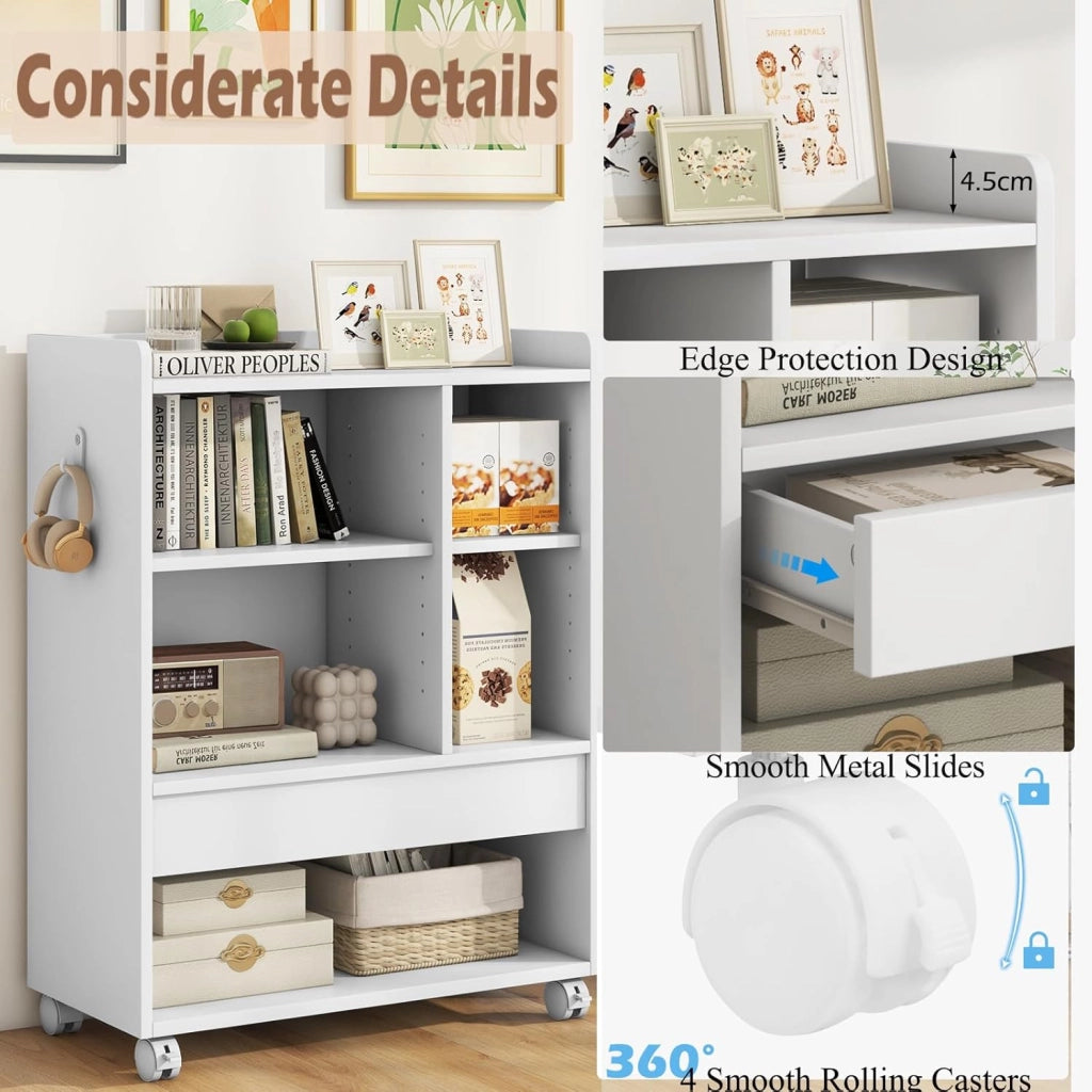 Mobile Porta Stampante con Cassetto, Ganci, Protezione Bordo, Ripiani Regolabili, e Ruote Bloccabili, Schedario da Ufficio in Legno， Mobiletto da Archivio, 63,5 x 30 x 84,5 cm (Bianco)