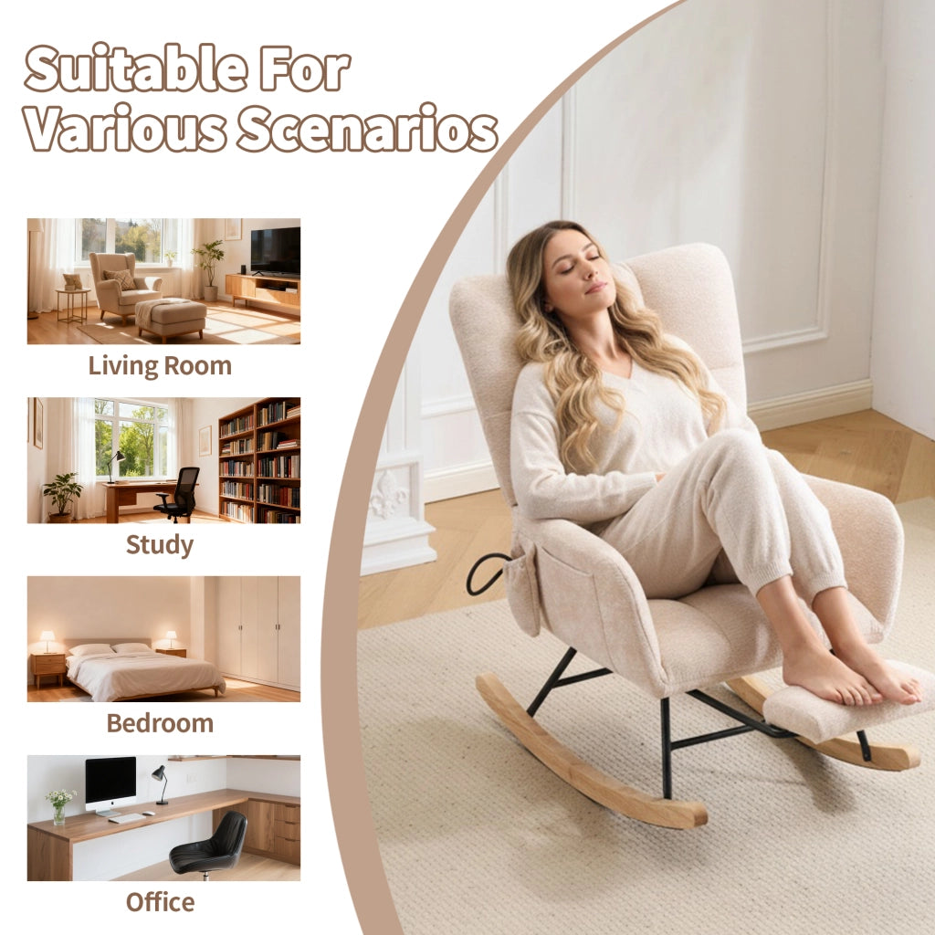 POLTRONA A DONDOLO con poggiapiedi e vano portaoggetti, Chenille Beige