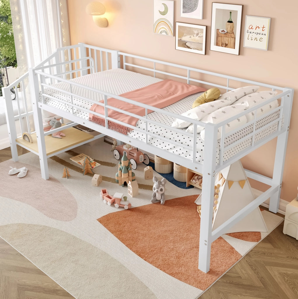 Letto a soppalco 90x200 cm con scala contenitore in MDF e metallo bianco