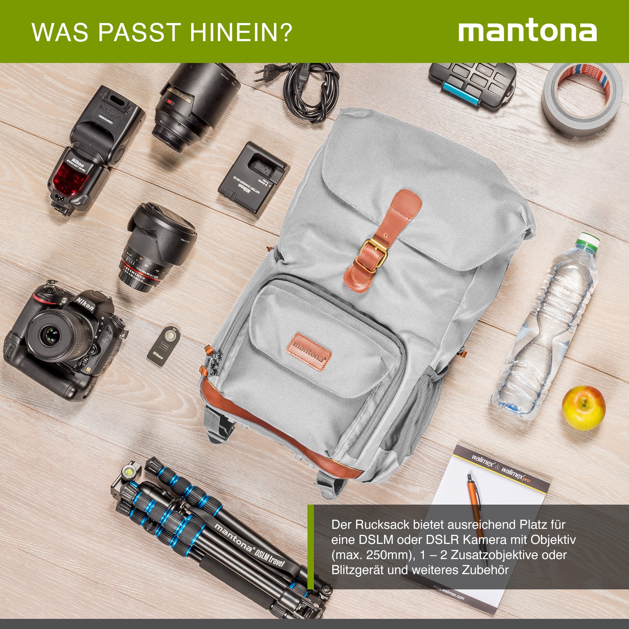 Mantona Luis junior Retro Zaino fotografico grigio, per fotocamera con copertura antipioggia, borsa fotografica con scomparto per laptop, DSLR, 3 obiettivi e accessori fotografici
