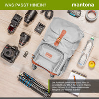 Mantona Luis junior Retro Zaino fotografico grigio, per fotocamera con copertura antipioggia, borsa fotografica con scomparto per laptop, DSLR, 3 obiettivi e accessori fotografici