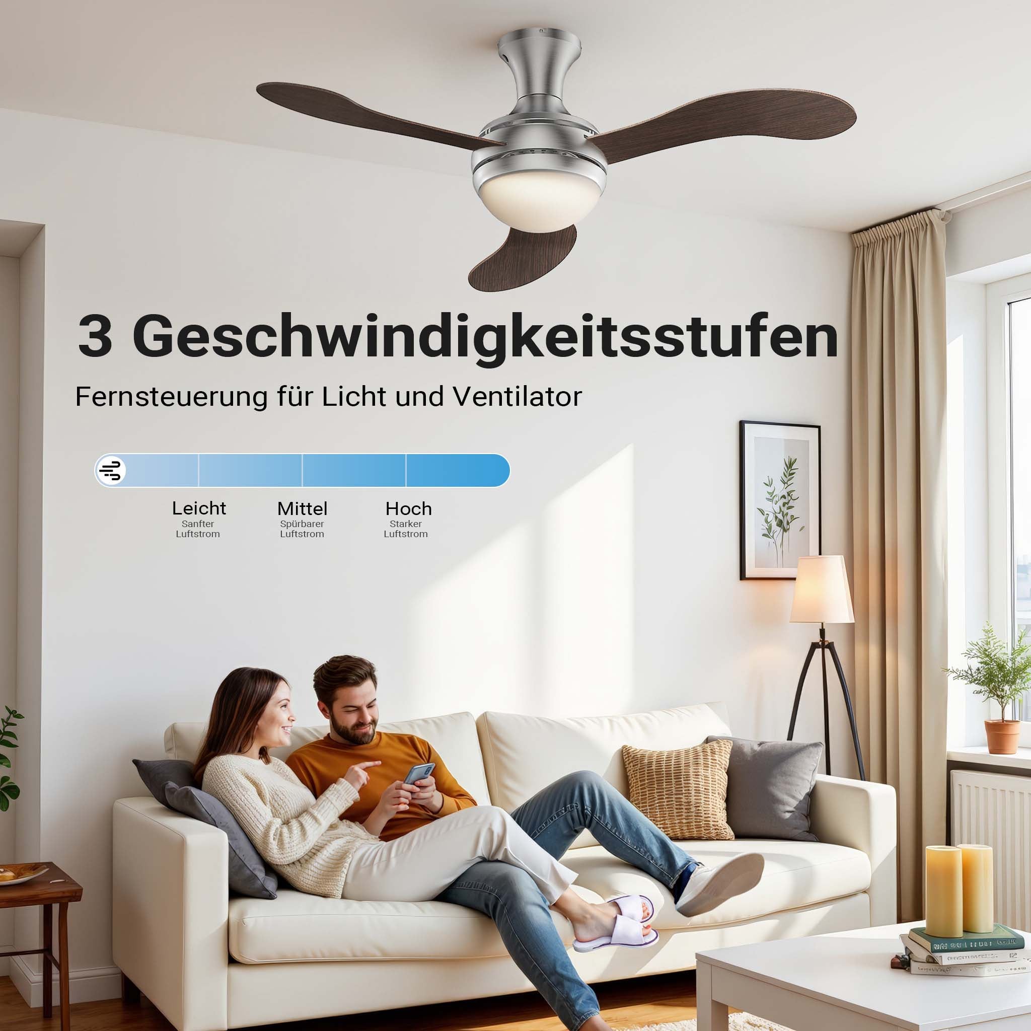 Ventilatore da soffitto Ø 130 cm con 3 pale, lampadario ventilatore con 3 velocità, telecomando, timer, modalità estiva e invernale, 55 W