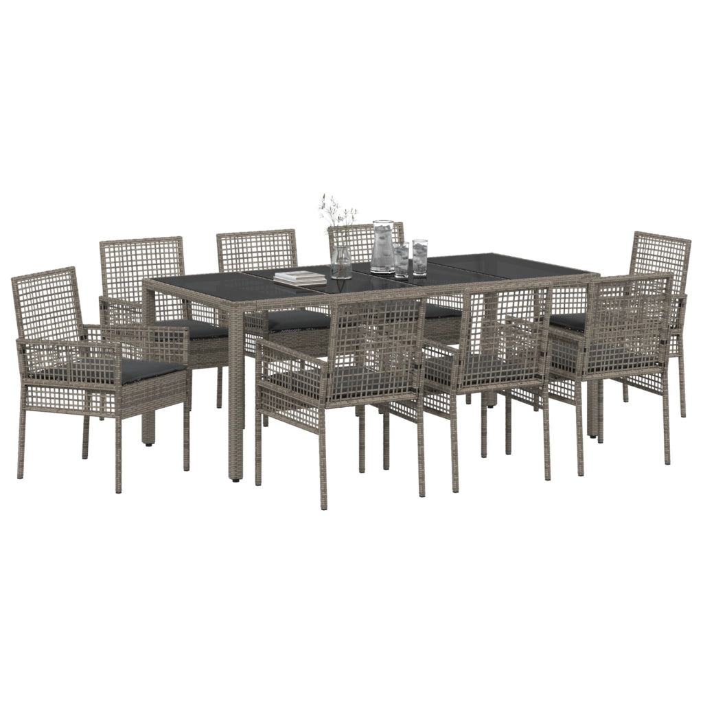 Set da Pranzo da Giardino 9 Pezzi con Cuscini Grigio in Rattan