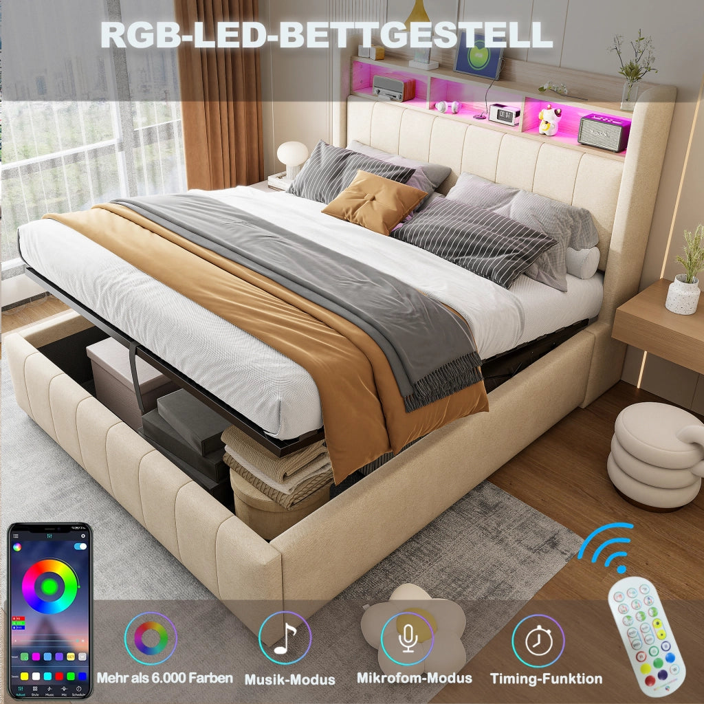 OKWISH Letto Contenitore 180×200 cm, Letto Matrimoniale con LED Regolabile, USB, Tipo C e Mensole, senza Materasso, in Tessuto Beige