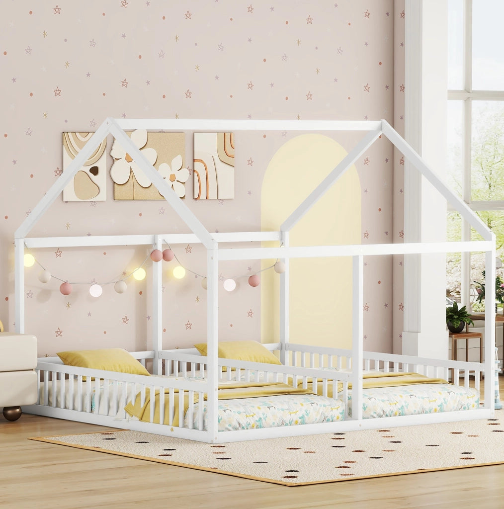 Letto a casetta 90x200 cm; 2 in 1 con sponde; pino; bianco