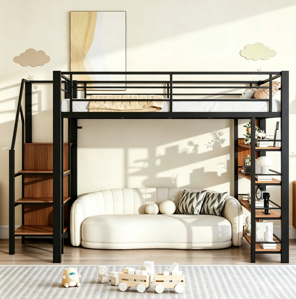 Letto a castello 140x200 cm in metallo con scala contenitore; armadietto; nero