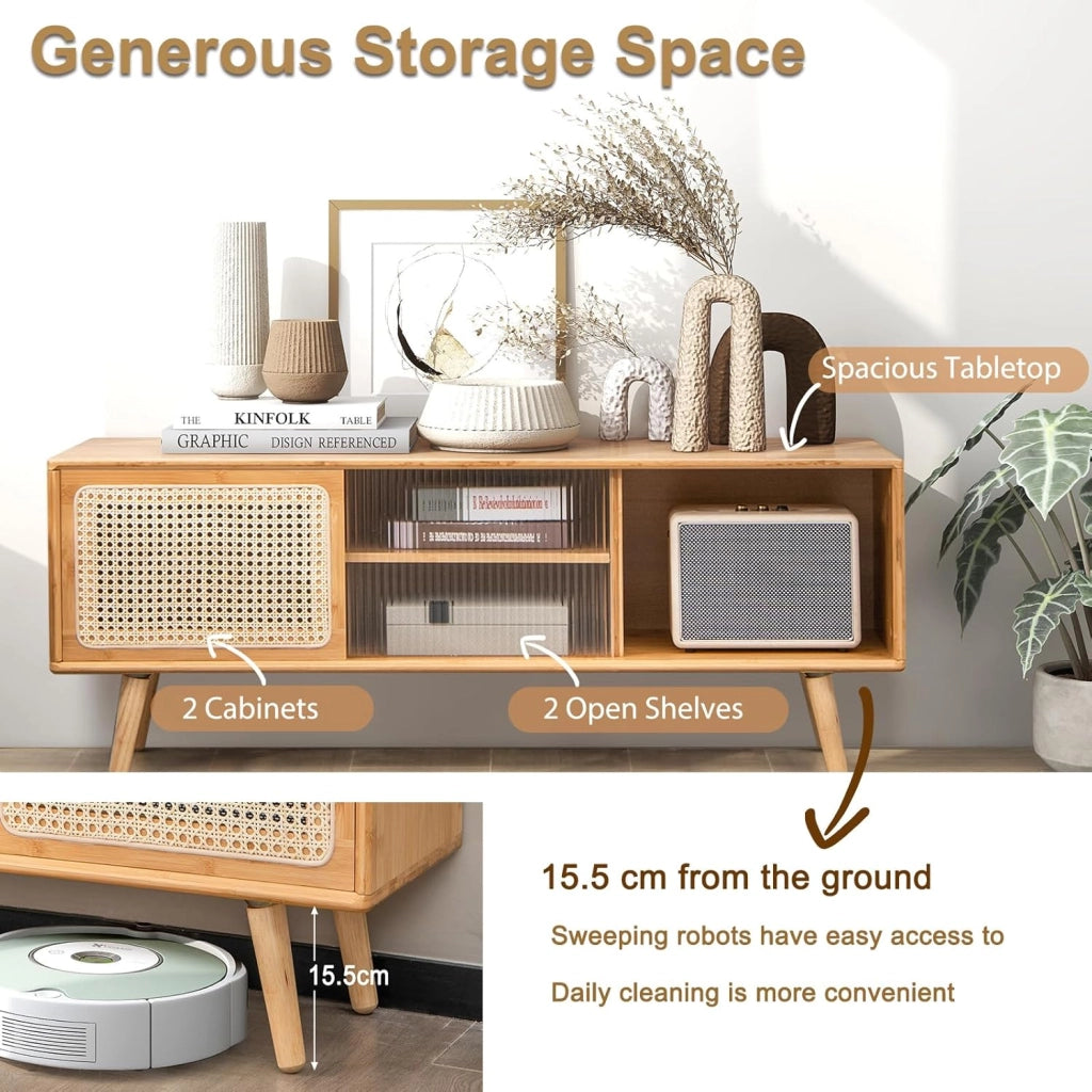 Mobile TV in bambù, Panca TV con 2 Armadi a porta, Tavolo TV, Scaffale aperto a 2 livelli e porta scorrevole in vetro, per TV fino a 55", 120,5 x 31 x 45,5 cm (naturale)