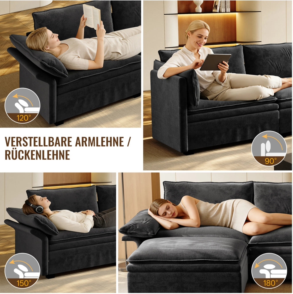Divano modulare ULEVR 315 cm a L in ciniglia nera con pouf, ricarica wireless, altoparlanti Bluetooth e luce