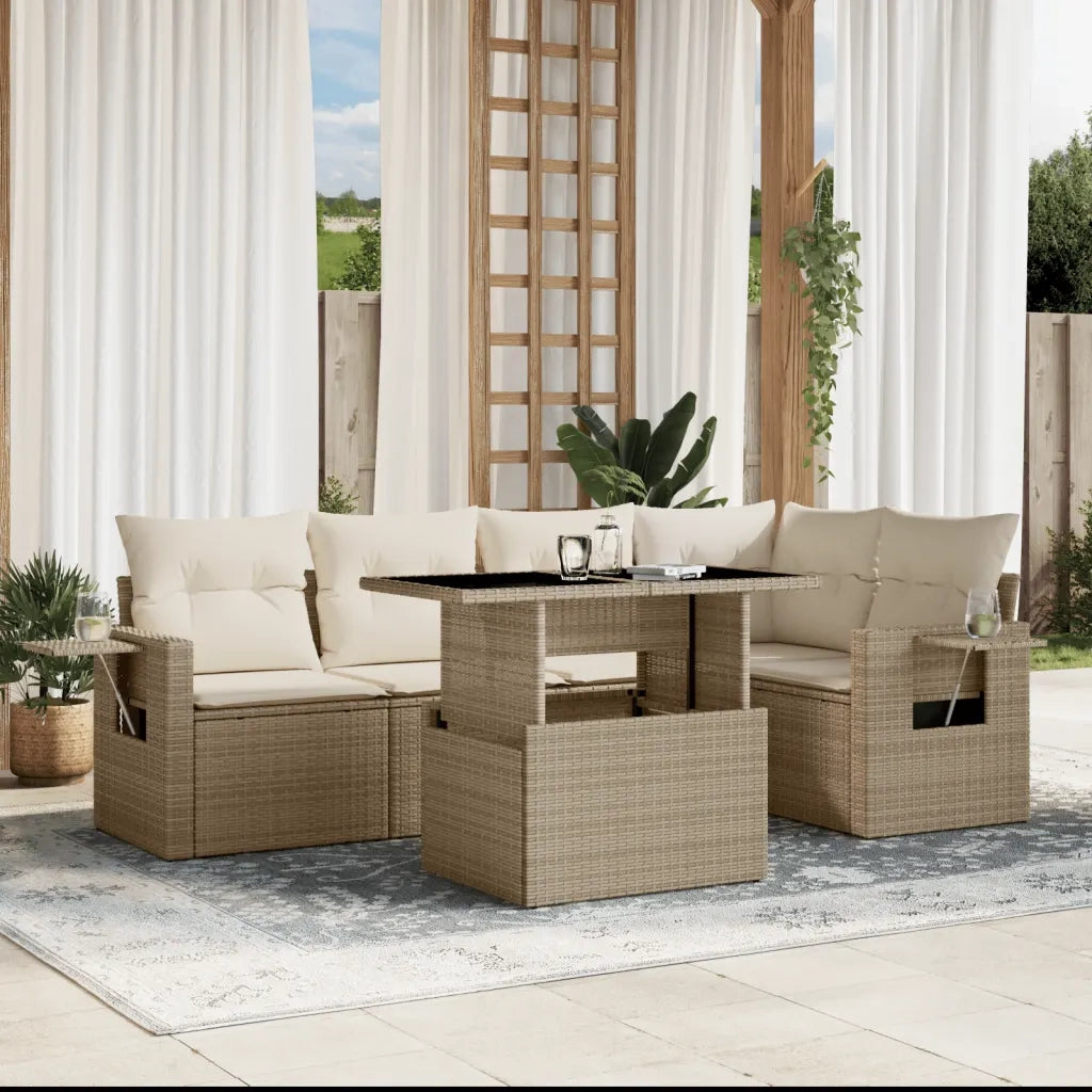 Set Divano da Giardino 6 pz con Cuscini Beige in Polyrattan