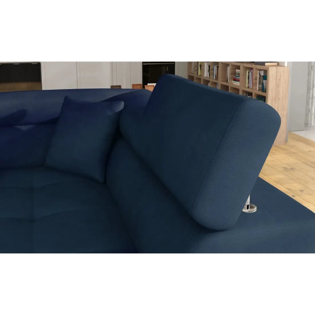 Divano angolare trasformabile MENTON blu scuro bouclé – Angolo destro con baule