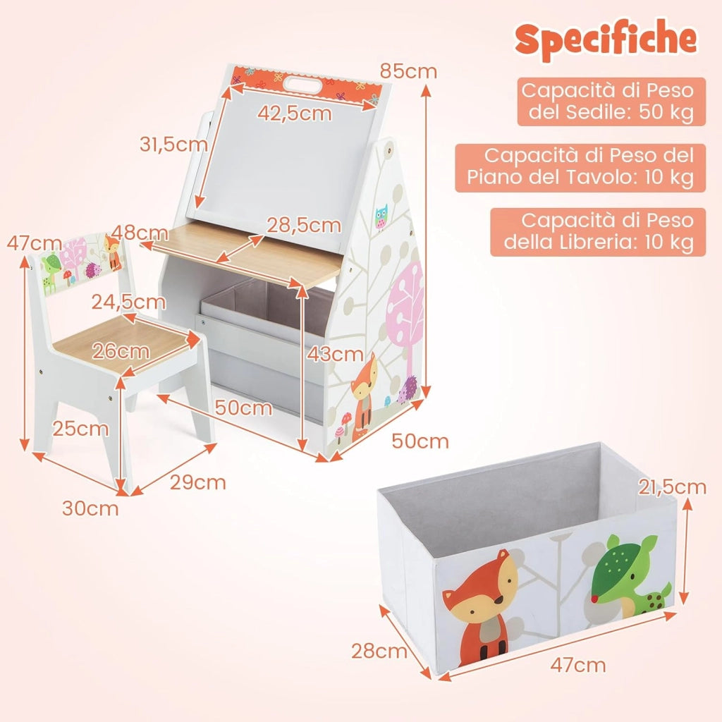Cavalletto per Bambini Doppio Lato, Set Tavolo e Sedia per Bambini con Lavagna Magnetica e Lavagna Bianca, Contenitore in Tessuto e Libreria(Bianco)