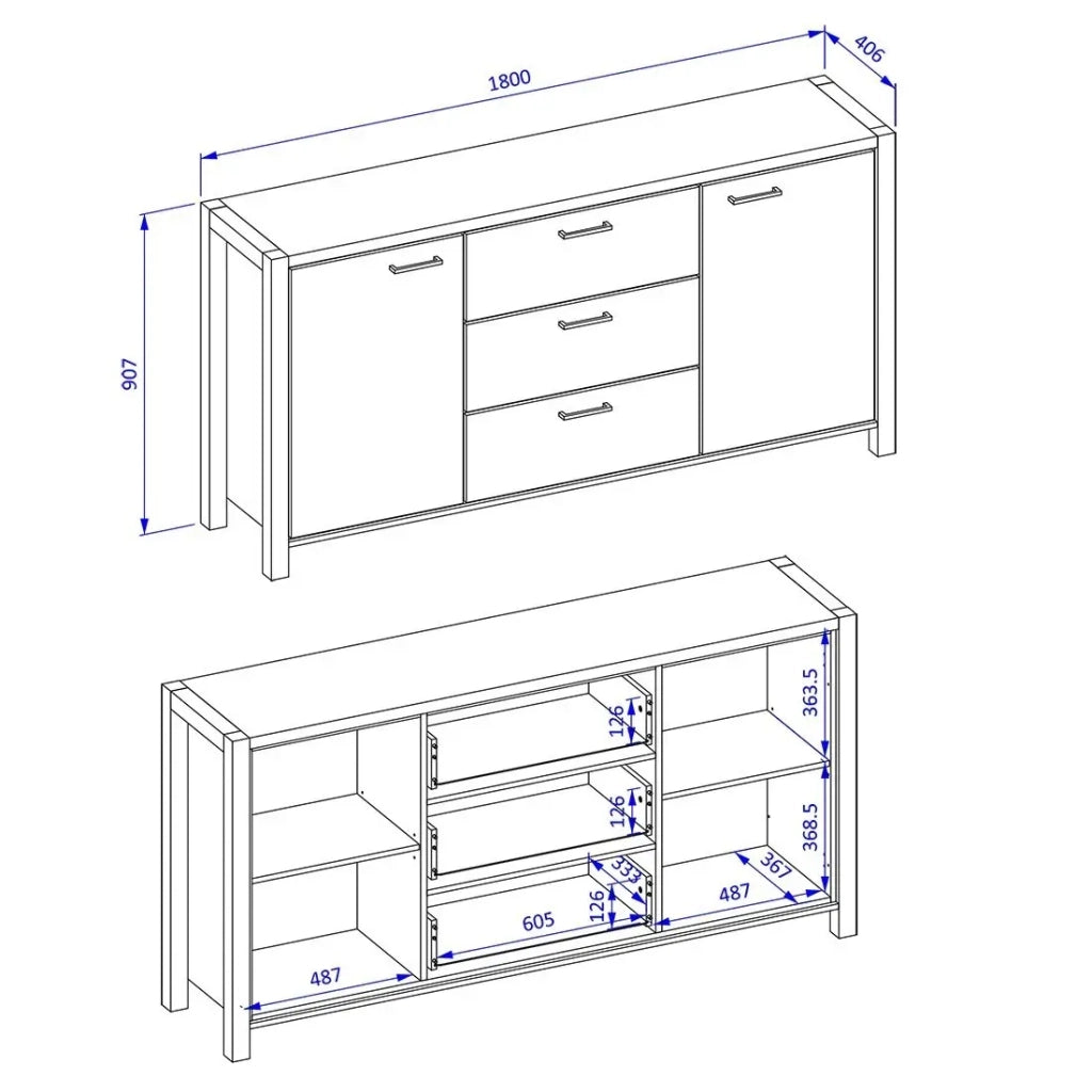 Buffet 180cm collezione TIVORA 2 ante, 3 cassetti. Colore rovere e nero