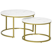 Set 2 Tavolini da Salotto Rotondi e Impilabili in Acciaio e Truciolato, ?74x46.3 cm e ?59x38.5 cm, Bianco e Oro
