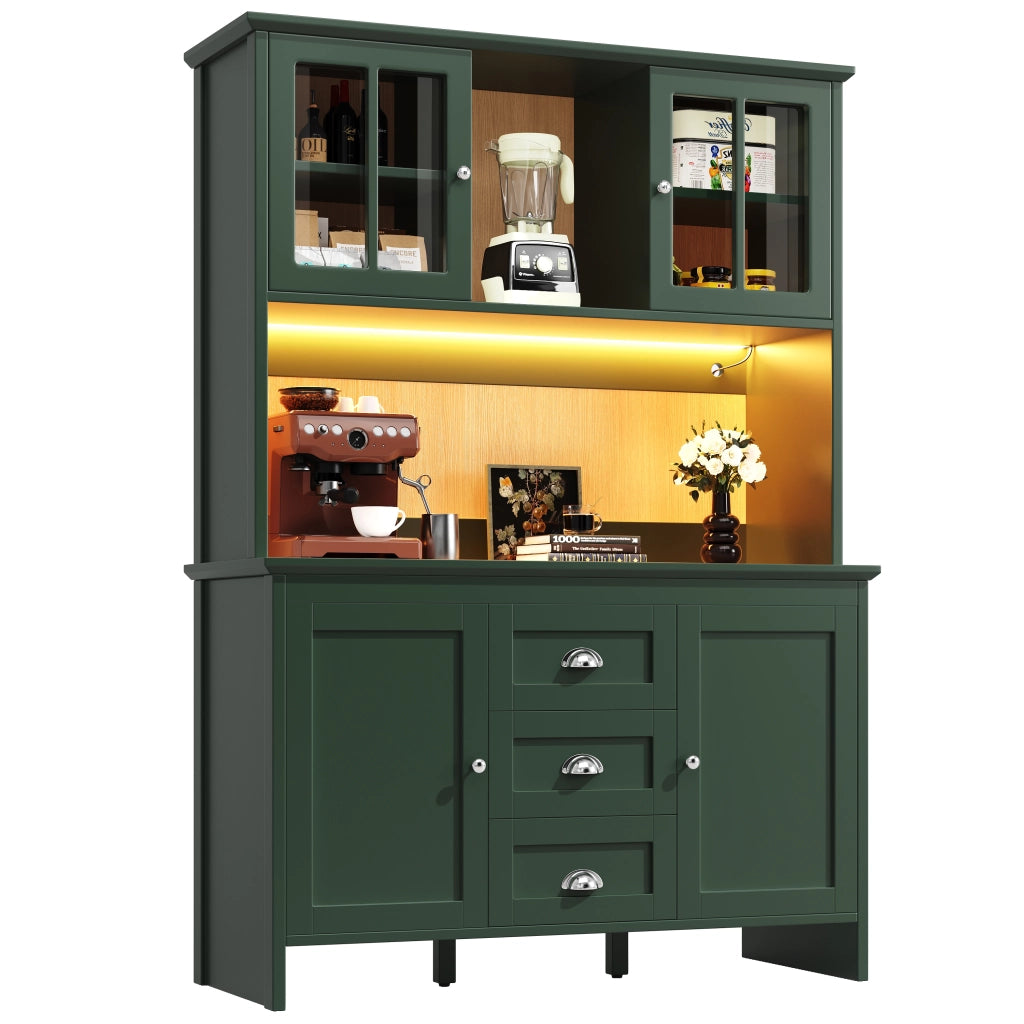 Credenza Alta da Cucina con Ante in Vetro e LED ¨C Xylo ¨C Verde, 120x40x179 cm