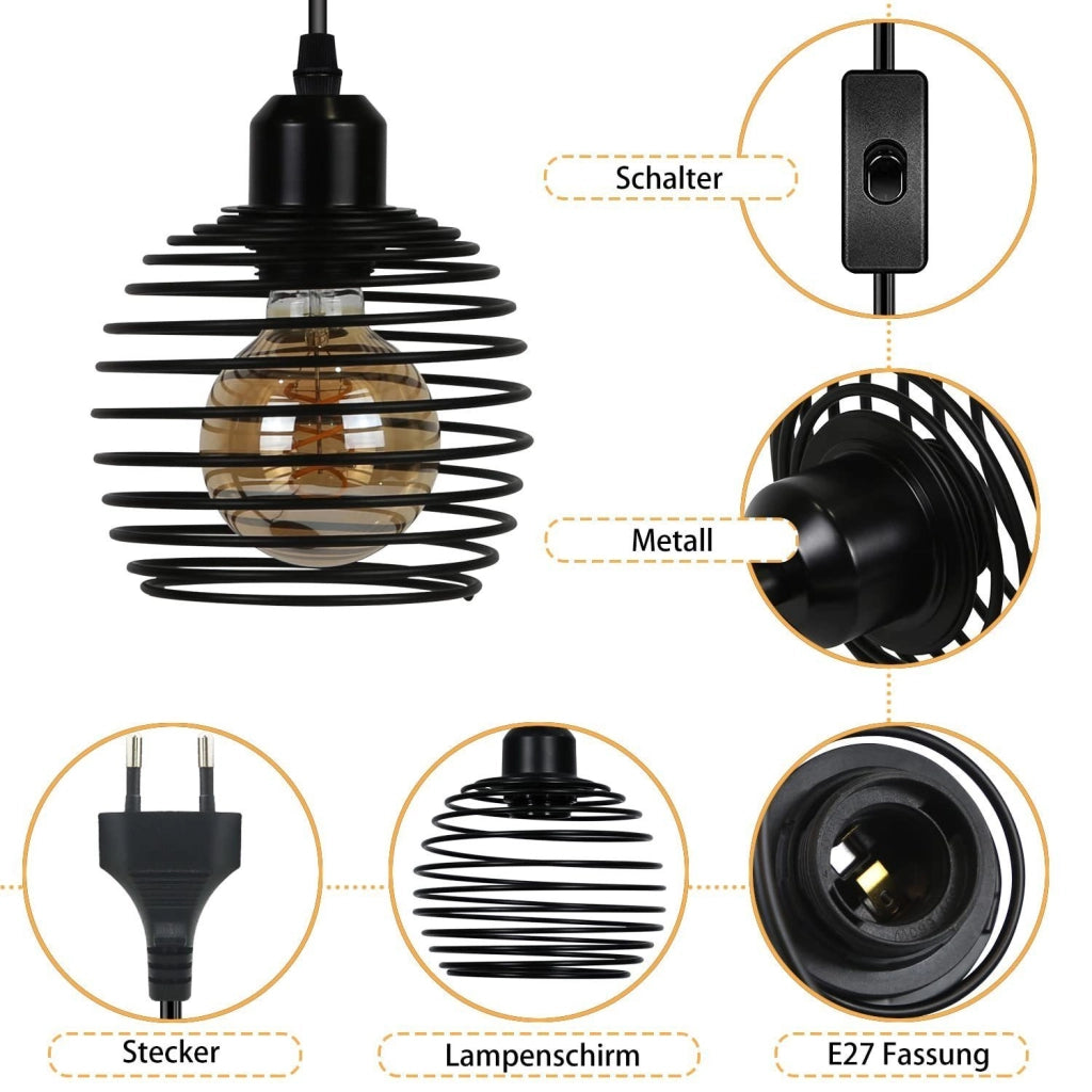 Lampada a Sospensione ZMH design vintage nero E27 diametro 15cm molla metallo con presa e interruttore per soggiorno