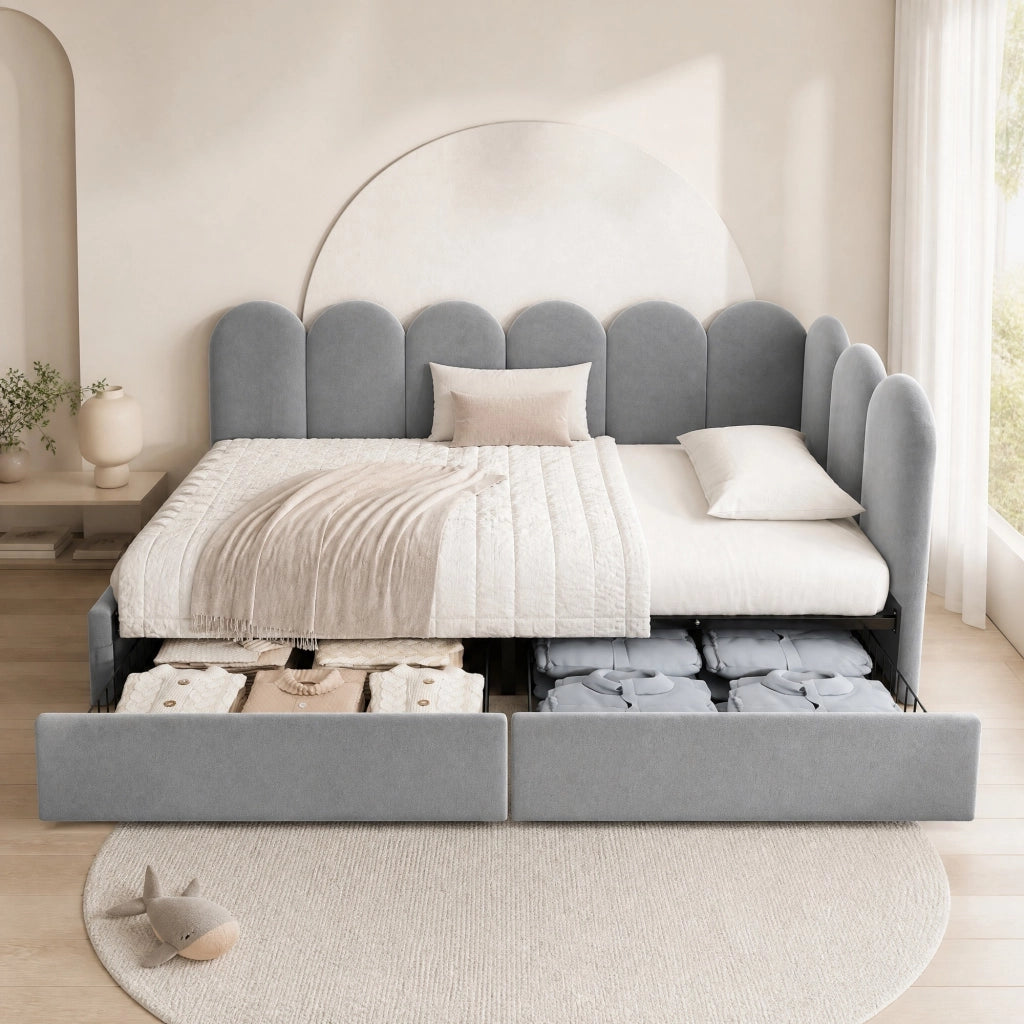 Letto singolo imbottito in velluto grigio 90x190 cm con 2 cassetti e rete a doghe