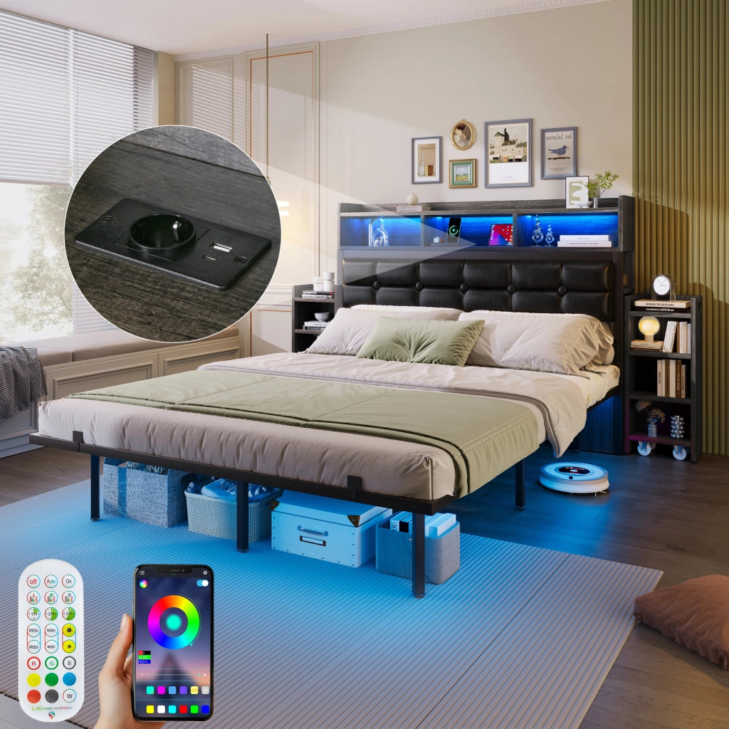 Letto matrimoniale con cassetti LED USB 140x190 cm metallo grigio