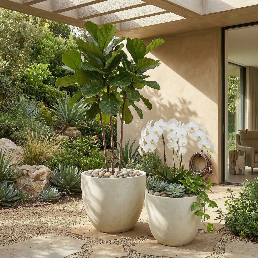 Set 2 Vasi da Giardino in Cemento Artigianali con Foro Drenaggio ¨C MINIMAL ¨C Bianco, 38x32 e 45x37 cm