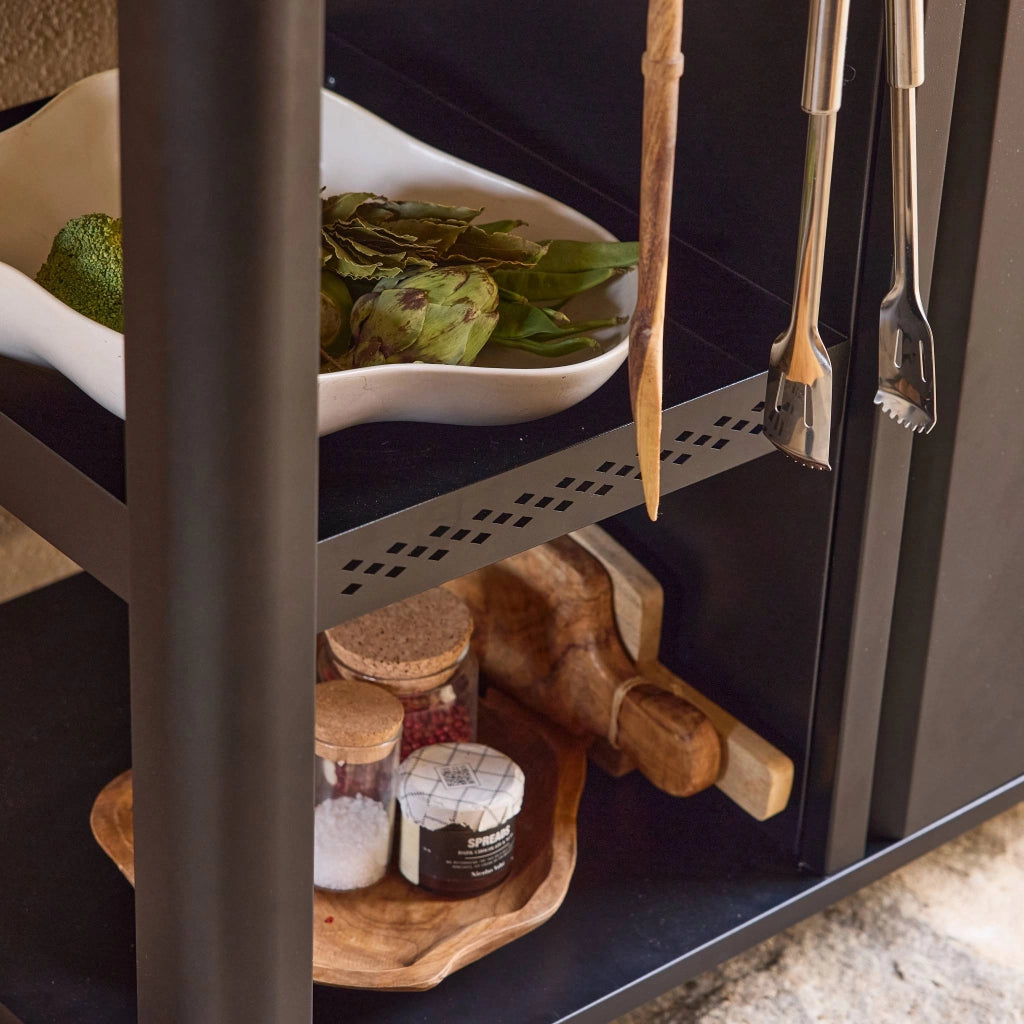 Carrello da cucina da esterno in acciaio con tavolino pieghevole,