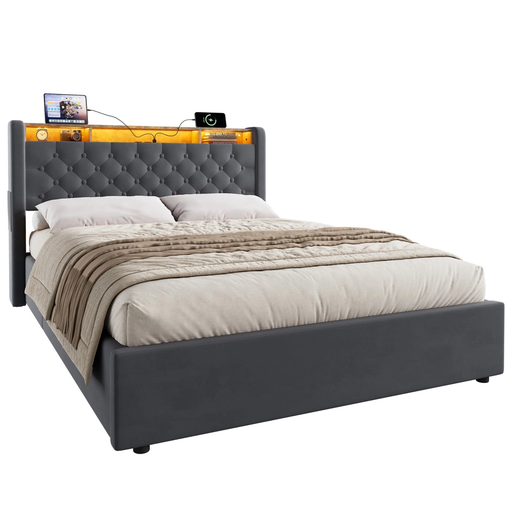 Letto matrimoniale imbottito in velluto grigio con LED, USB e contenitore 140x190 cm
