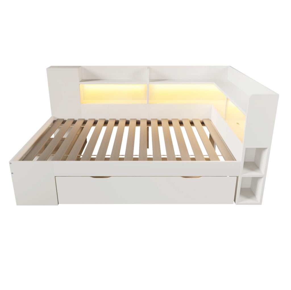 Letto una piazza con contenitore e LED 90x200 cm in legno bianco con USB e tipo C; con materasso
