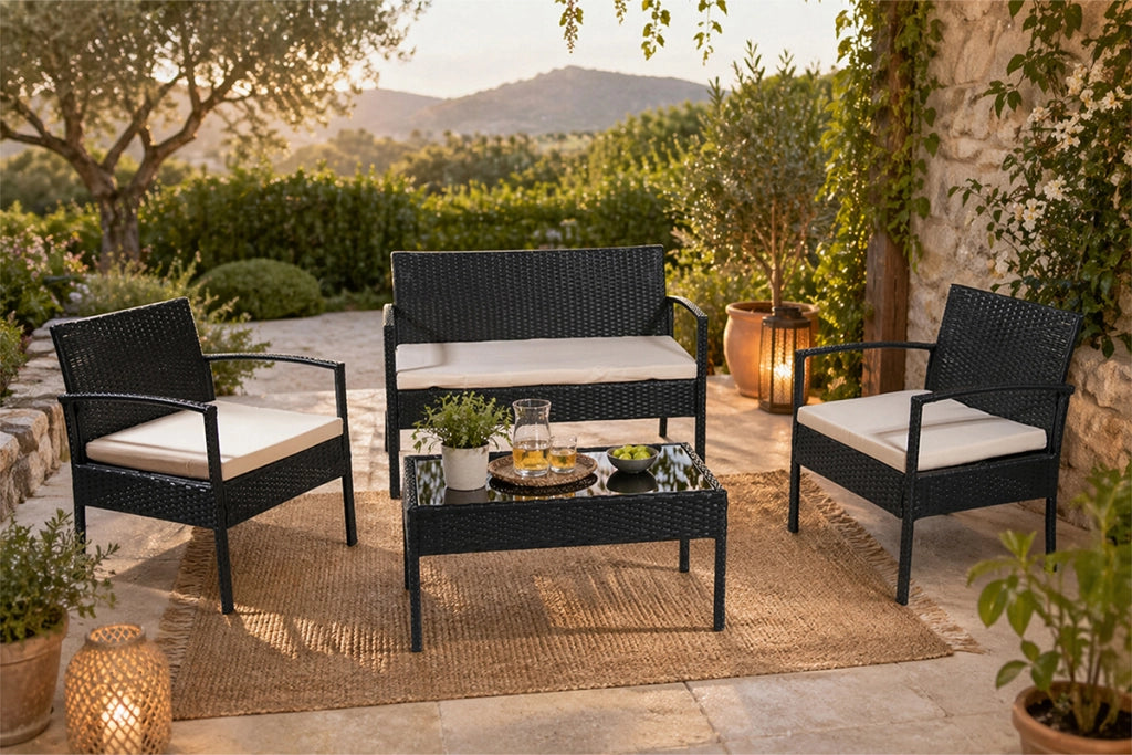 Salotto da giardino in rattan, set di divani da esterno in polyrattan nero mod. Martino RT-M10ZB