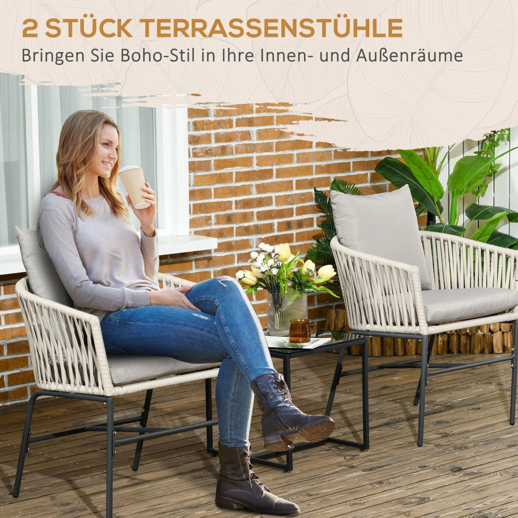 Set 2 Sedie da Giardino Stile Boho con Cuscini Sfoderabili e Struttura in Metallo Poltroncine da Esterno Beige