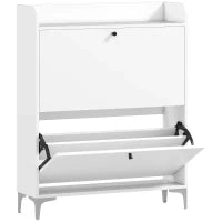 Mobile Scarpiera Slim con 2 Cassetti a Ribalta e Ripiani Regolabili, in Legno e Metallo, 80x24x101 cm, Bianco