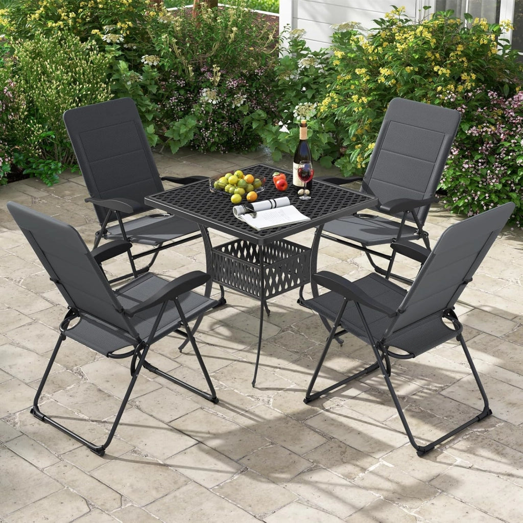 Set di 2 sedie pieghevoli per giardino, sedie con schienale regolabile, supporto ergonomico e cuscino per seduta in spugna, sedie da pranzo per patio, giardino, nero (Grigio)