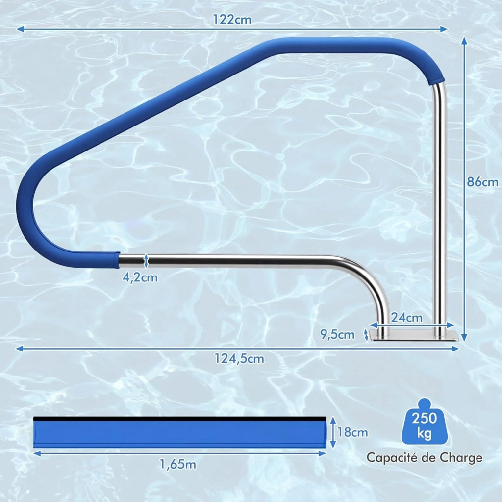 Corrimano per Piscina in Acciaio Inox 119 X 79 CM, Maniglione con Impugnatura Rivestita, Sicurezza e Resistente, Portata 250 KG, Ringhiera per Spa, Terme, con Base Preforata, Accessori