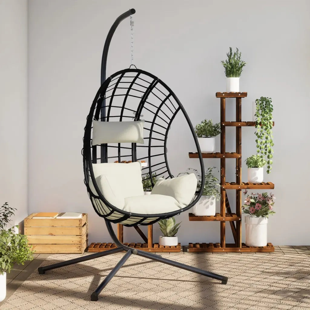 Sedia a Uovo Sospesa con Supporto Beige in Polyrattan e Acciaio CFW2206913