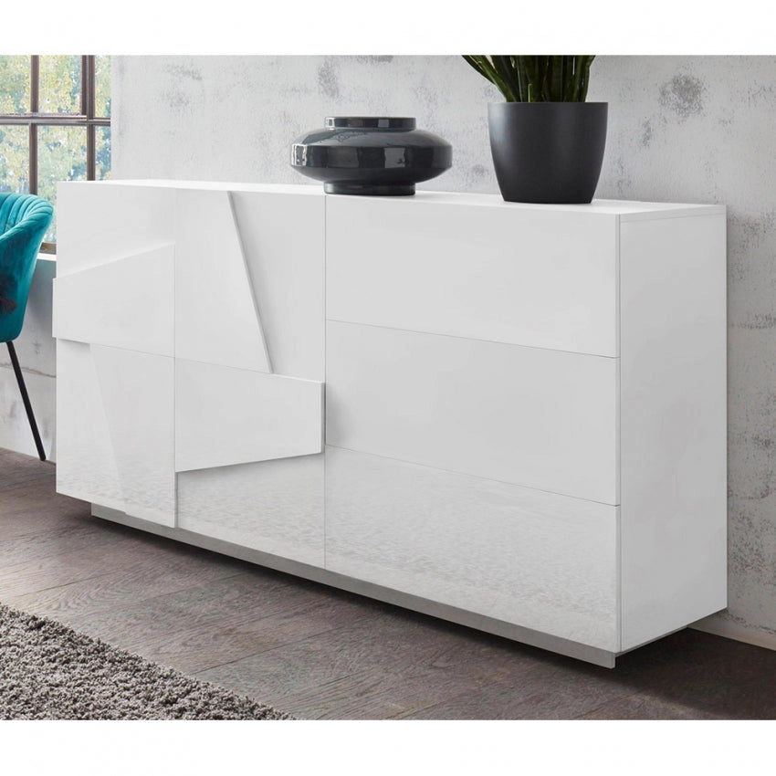 Credenza Moderna a 2 Ante Battenti e 3 Cassetti in Bianco Lucido PING