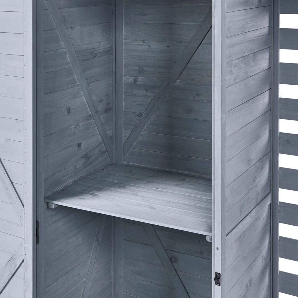 Capanno da giardino per esterni in legno di abete con tetto in asfalto ripiani e porte con chiusura a scatto grigio