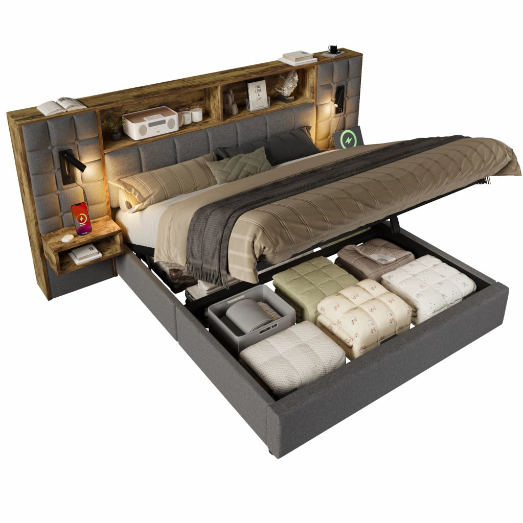 Letto matrimoniale 160x200 cm in lino grigio con contenitore; lampade da lettura e prese USB Type-C